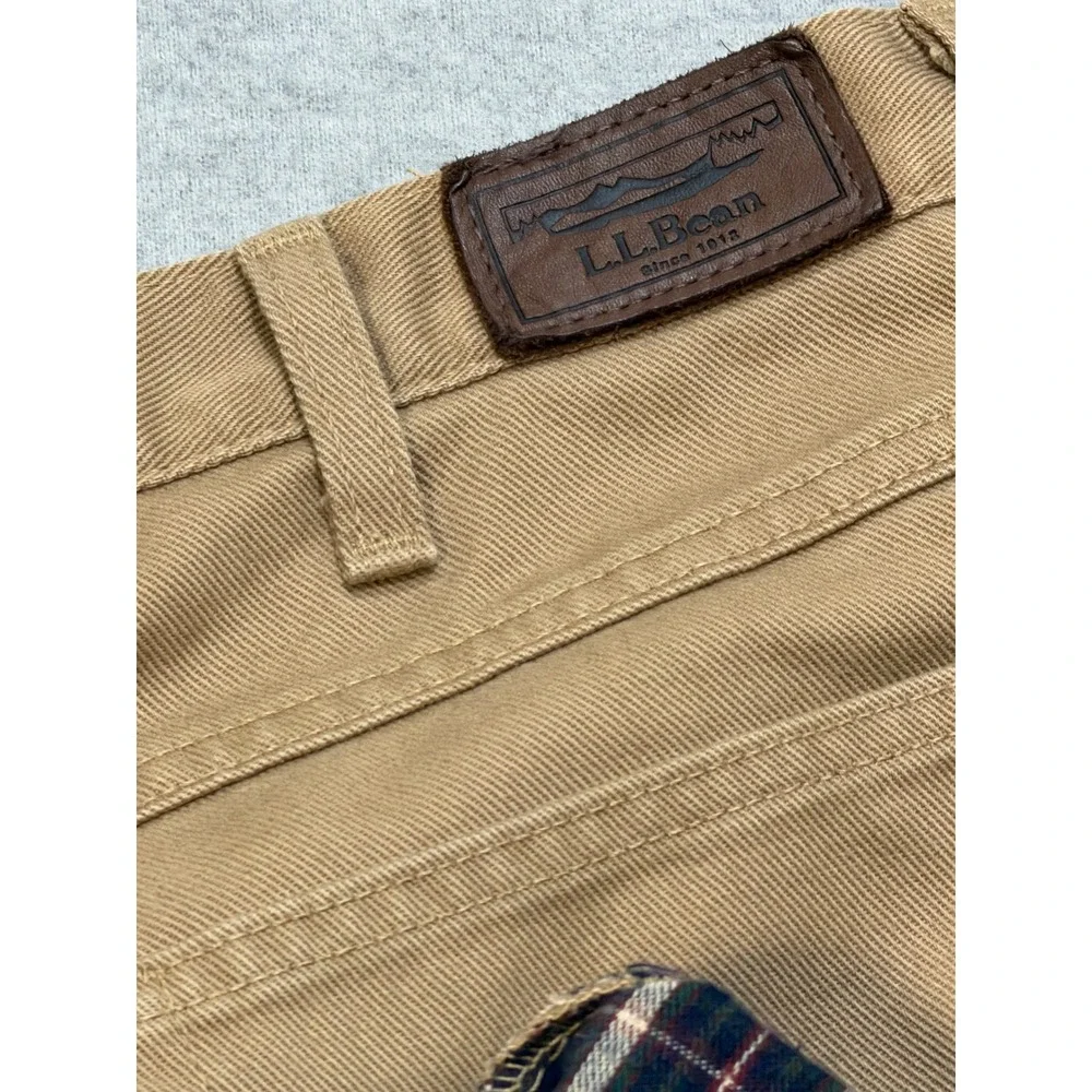 LL Bean Flannel Lined Chino Pants Mens 38x36 Khaki Tan Plaid Natural Fit Cotton
